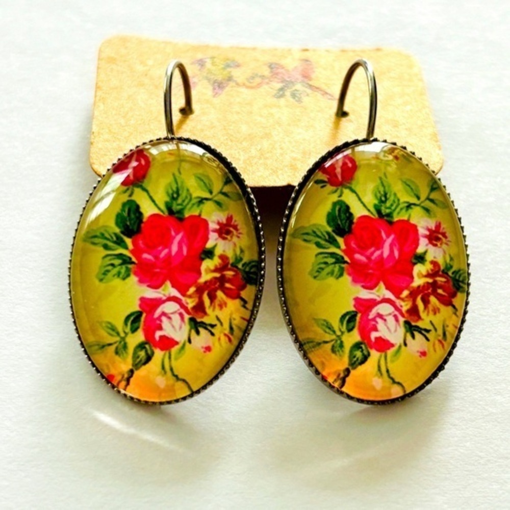 Floral Print French Lever Stainless Steel Earrings, NWT, Handmade